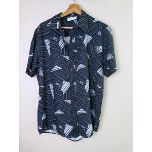 Projek Raw Mens Button Front Shirt Blue Black Geometric Print Short Sleeve M